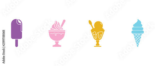 Ice cream black silhouette icons set on white. Balls in waffle cone, soft serve sundae in glass, popsicle on stick. Vector elements for minimal summer design, sweet snack illustration