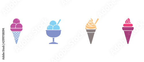 Ice cream symbol pack set against white. Contains rounded scoops in a waffle cone, whipped soft serve sundae in a drinking glass, and a frozen bar on a stick.