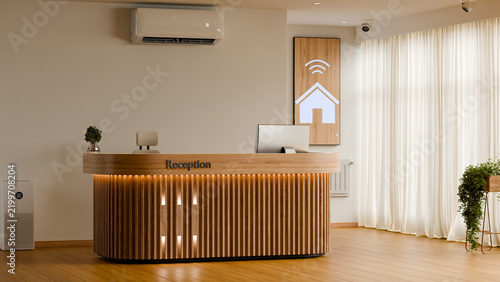 Contemporary reception interior featuring an illuminated wooden desk, computer monitor, smart home symbol, security cameras, air conditioner, and air purifier- 3D rendering