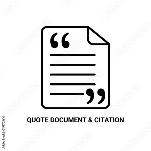 Quote document and citation icon, linear style symbol for academic research, bibliography, and text referencing