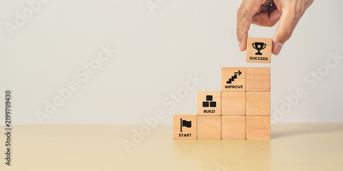Step by step wooden blocks with START, BUILD, IMPROVE, and SUCCEED icon. Business growth, progress, achievement and long term success concept.