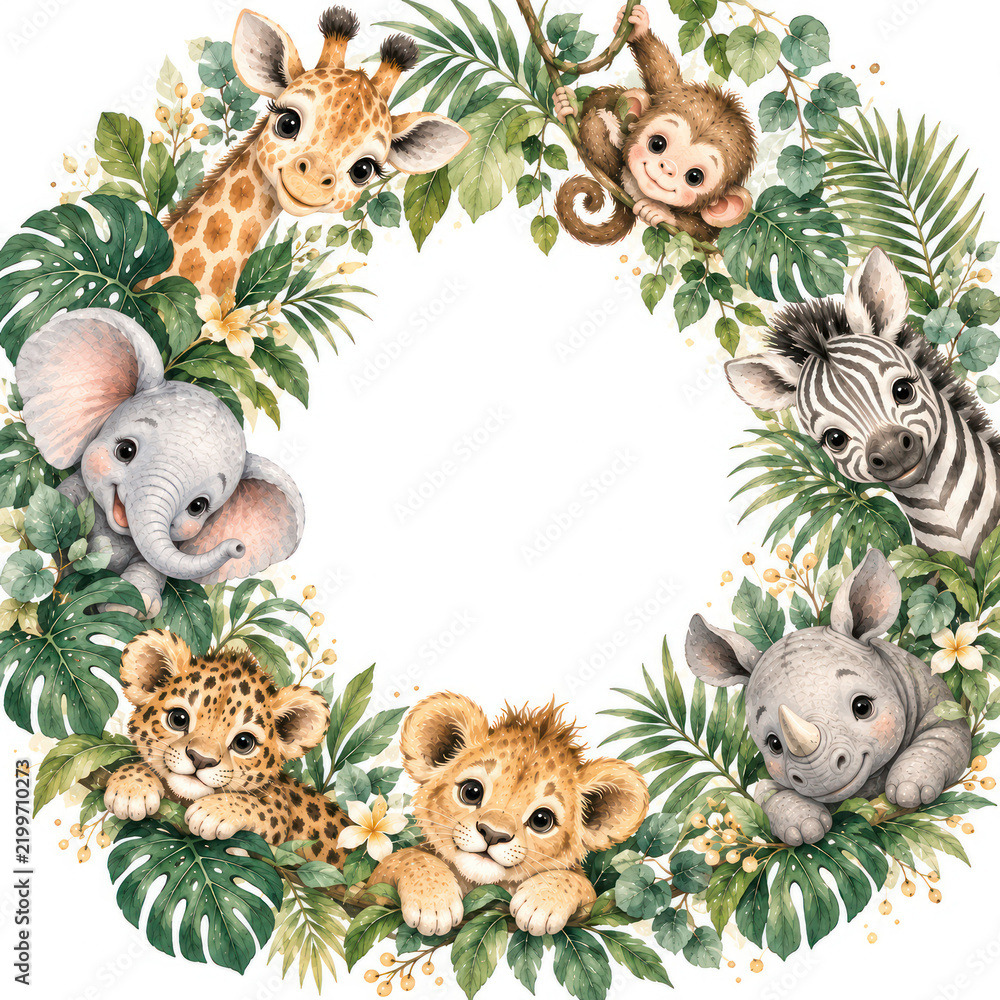 Fototapeta premium Cute Safari Baby Animals Tropical Jungle Watercolor Frame with Copy Space