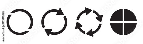 Circular rotation arrow set with segmented circle chart black graphic elements for data process visualization.