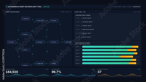 Autonomous agent decision audit trail dashboard with node graph event logs, for artificial intelligence governance, automated workflow monitoring, system security, machine learning