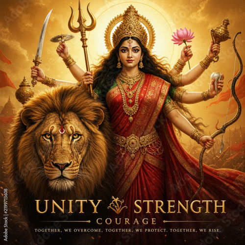 Hindu goddess Durga with multiple arms holding weapons and lotus beside majestic lion