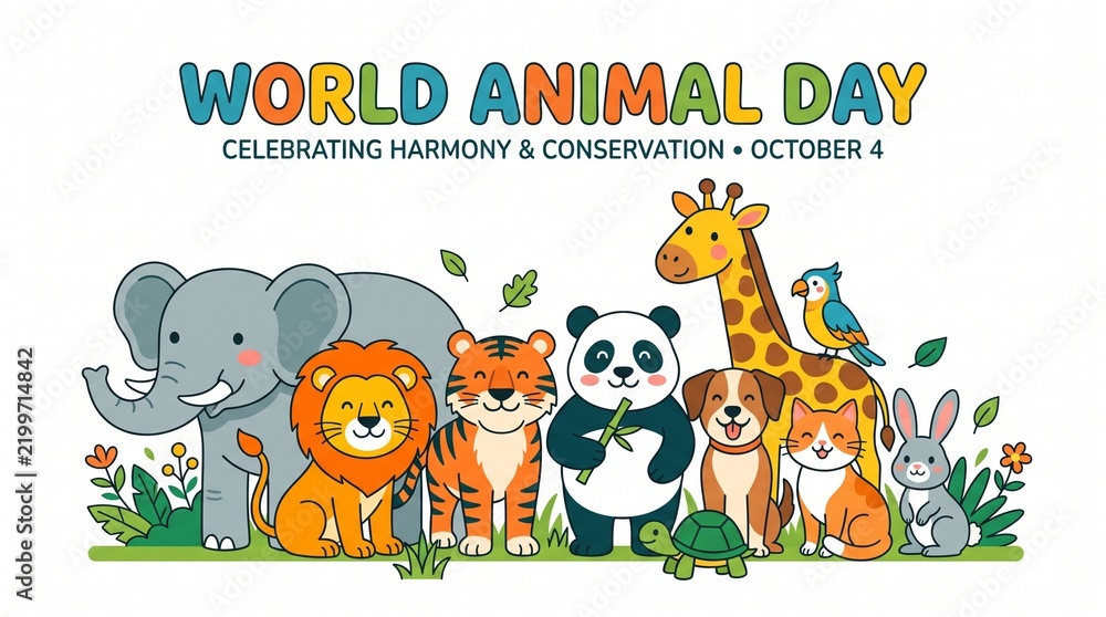 Fototapeta premium World Animal Day 2D Vector Illustration with Diverse Animals, Wildlife Conservation and Animal Protection Concept
