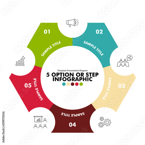 Hexagonal vector graphic with 5 options or steps, for presentation, diagram, and report templates. Editable eps vector.