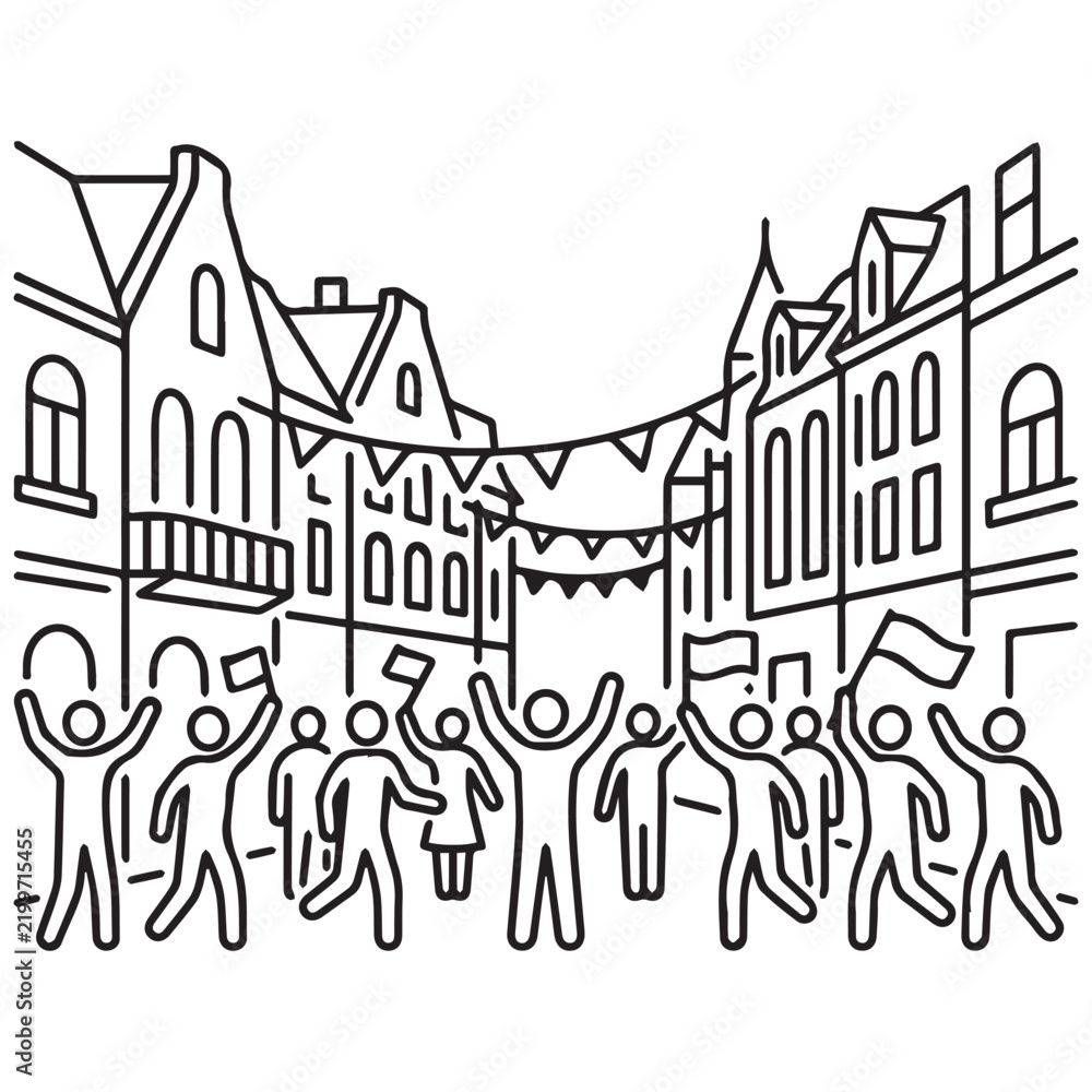 Obraz premium Group of cheering people celebrating a street festival or city event with public gathering