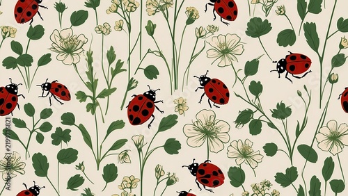 Pattern abstract lady bug and flower drawing outline background 