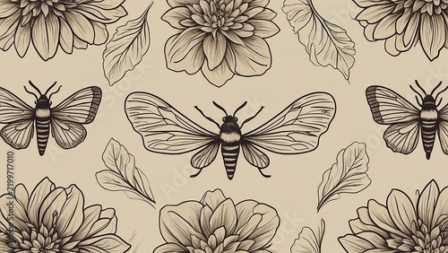 Pattern drawing Moth and flower background illustration