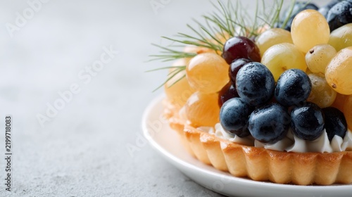 Close-up of a delectable grape tart with various grapes colors and fresh dill