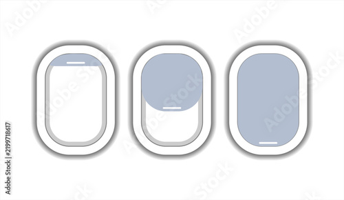 Plane window featuring an airplane porthole with a scenic view of the sky and clouds, in flat vector illustration style.