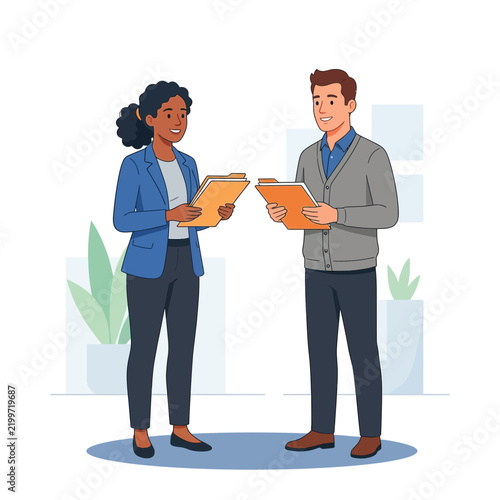 Diverse business colleagues collaborating and sharing documents in a modern office setting.