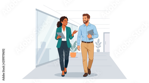 Diverse Business Colleagues Collaborating in Modern Office Corridor with Digital Devices