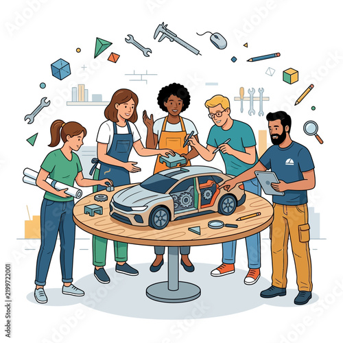 Diverse Team Collaborates on Car Design and Engineering Project with Tools and Model