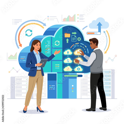 Diverse team collaborates on cloud computing, data management, and technology solutions with servers and analytics.