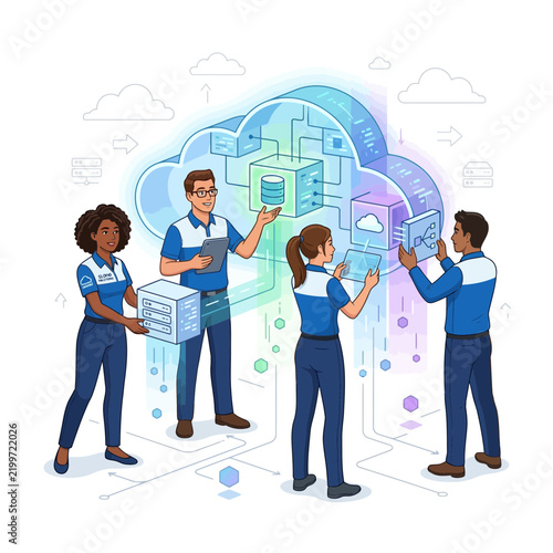 Diverse Team Collaborates on Cloud Computing and Data Management Concepts