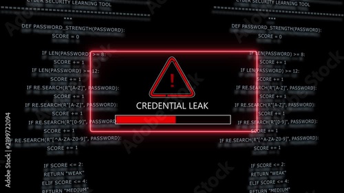 Cyber security alert warning featuring a credential leak notification with a red glowing progress bar and background, python code for, data breach, hacking, threat, and digital, identity protection