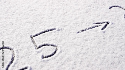 Written sketch for new year change from 2025 to 2030 vision. Snow background numbers ice outdoor on ground in winter. Writing text sign and drawing on field in nature frozen background