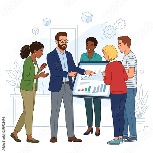 Diverse team collaborating around a digital screen showing analytics and charts, concept of business meeting and data analysis