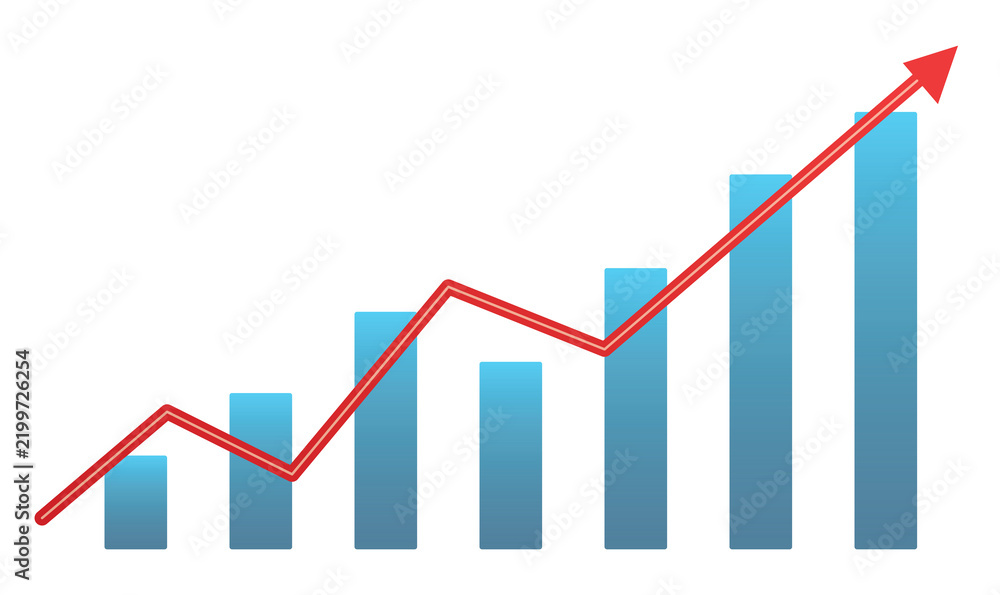 Obraz premium Financial growth chart with blue bars and red arrow for business presentation report and banner