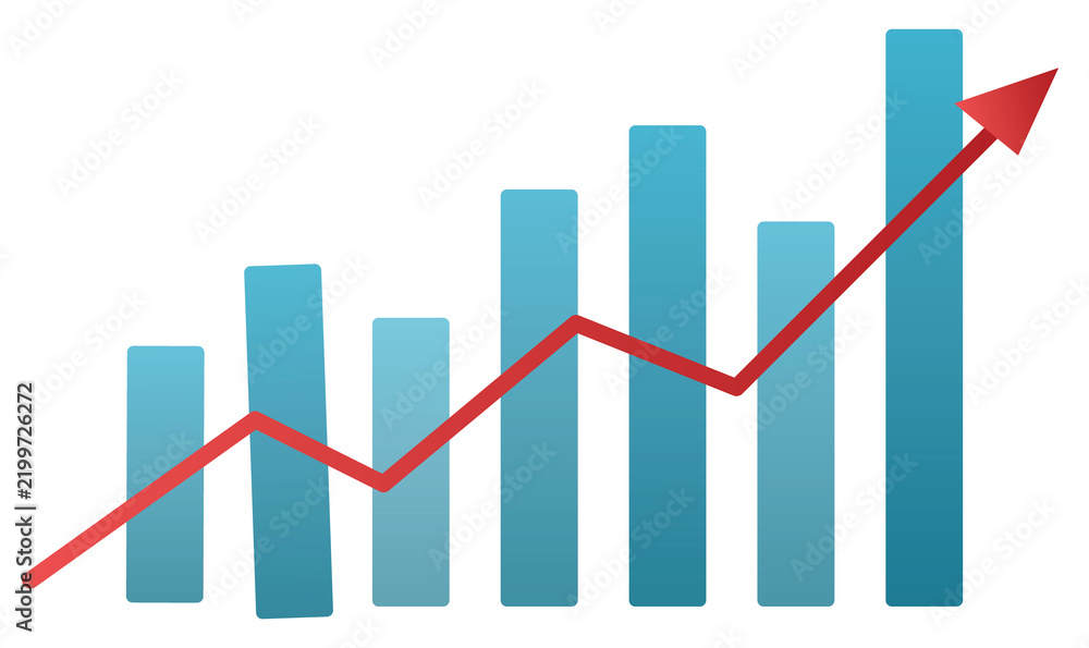 Fototapeta premium Financial growth chart with red upward arrow and blue bar graph success business vector illustration