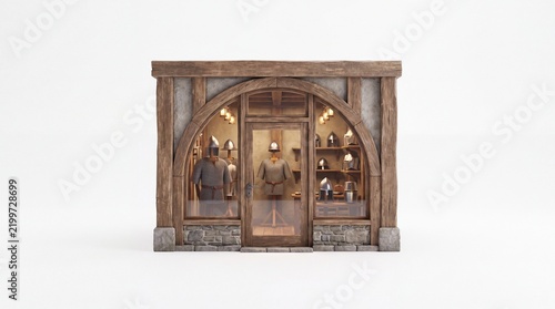 Armor shop storefront designed with medieval wooden architecture featuring arched glass windows displaying handmade weaponry and protective gear for fantasy roleplaying adventures in a classic.