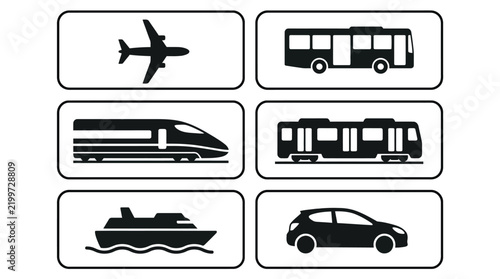 Minimalist vector illustration showing black transportation icons set including airplane train bus ship and small car