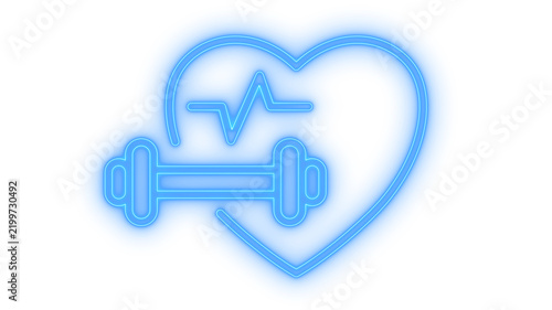 Glowing neon fitness heart and dumbbell icon isolated on transparent background. Healthy lifestyle. Gym workout. Cardio training. Pulse rate. Wellness sign