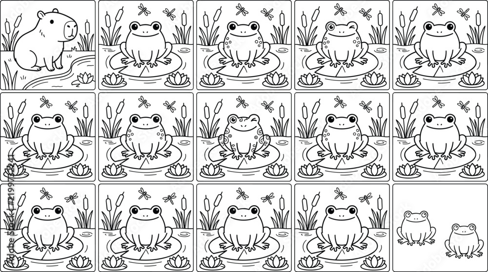 Fototapeta premium Find the Odd One Out Activity Page Vector Line Art Featuring Cute Capybara and Frogs on Lily Pads Puzzle