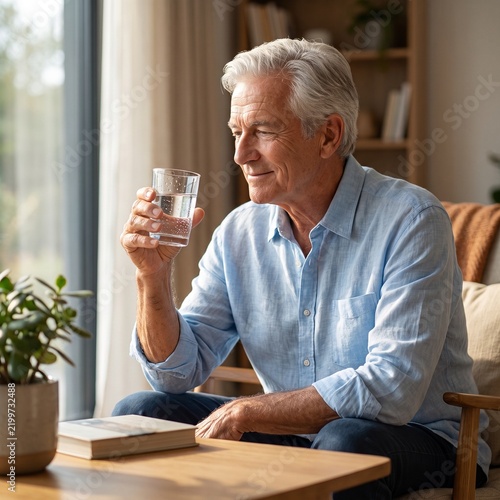 Super Realistic Senior Man Holding a Glass of Water at Home, Representing Healthy Aging, Hydration and Wellness