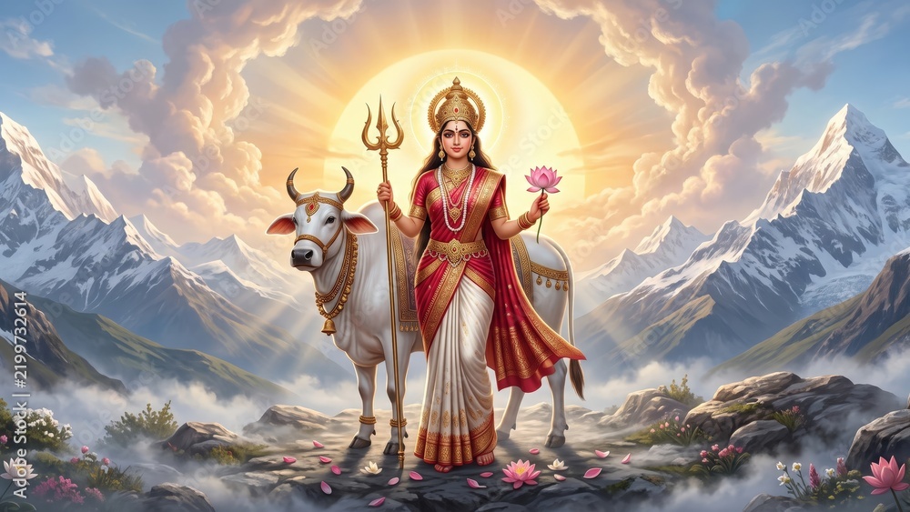 Fototapeta premium Navratri Maa Shailputri in a Majestic Himalayan Landscape