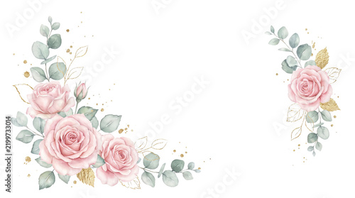 Pink watercolor roses and eucalyptus leaves frame the corners of a clean transparent background.