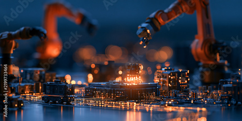 Industrial Robotic Arms Assembling High-Tech Microchips in a Digital Factory