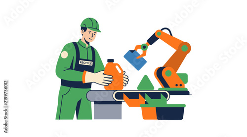 Recycling Worker in Uniform and Hard Hat Sorting Plastic Bottles with Industrial Robotic Arm On Conveyor Belt