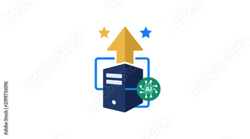 Server Rack with Upward Arrow, Stars, and Ai Chip Icon On Black Background