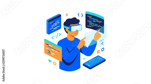 Programmer Wearing Virtual Reality Headset Coding in Futuristic Cyberspace with Floating Code Windows