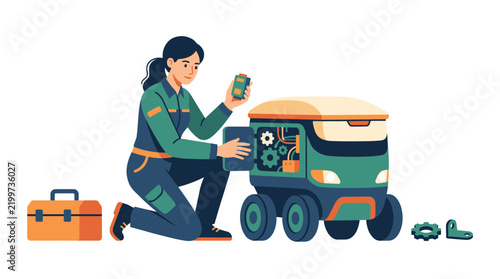 Woman Mechanic Repairing a Small Delivery Robot with Tools and Open Compartment