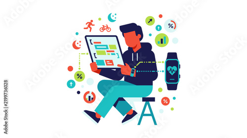 Young Man Monitoring Health Data and Fitness Statistics On Tablet and Smartwatch with Floating Ui Icons