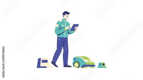 Technician Operating Cleaning Robot with Tablet Beside Smart Floor Cleaner and Charging Dock