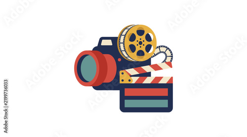 Vintage Film Camera with Movie Reel and Clapperboard for Cinema Production