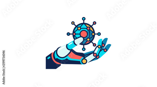 Robotic Hand Holding Futuristic Digital Globe Sphere with Interconnected Network Nodes and Data Lines