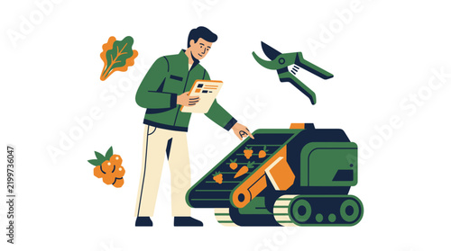 Agricultural Worker with Clipboard Inspecting Smart Farming Robotic Harvester and Conveyor Belt with Vegetables