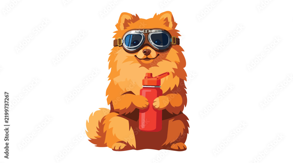 Fototapeta premium Fluffy Dog Wearing Goggles Holds Water Bottle