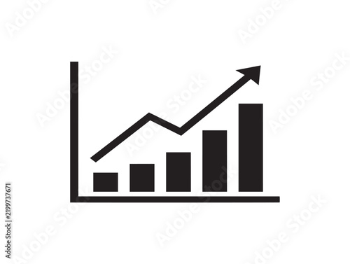 Black bar graph icon with upward trending arrow on a white background