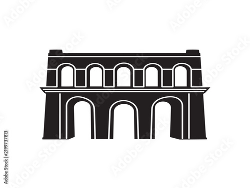 Black silhouette icon of a Roman aqueduct bridge on a white background