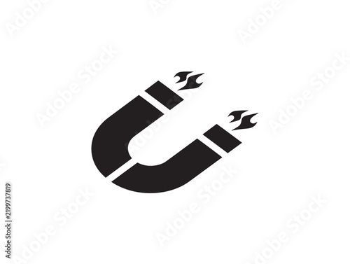 Black horseshoe magnet icon with magnetic force lines on white background