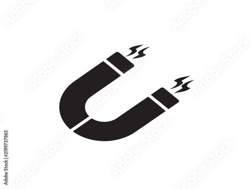 Black horseshoe magnet icon with magnetic field lines on white background