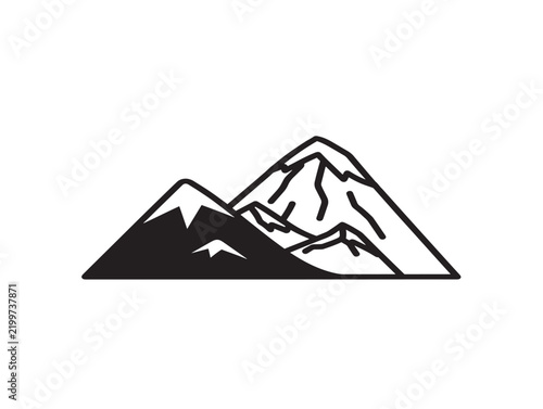 Minimalist mountain range icon with snow peaks in a simple line art style
