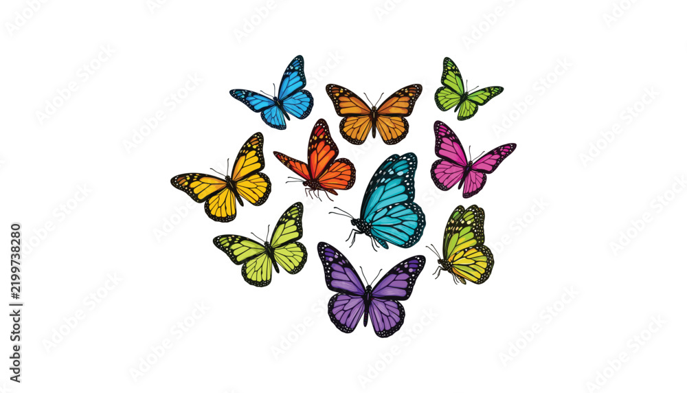 Obraz premium Colorful swarm butterfly vector illustration set featuring bright vibrant flying insects circle isolated on white background